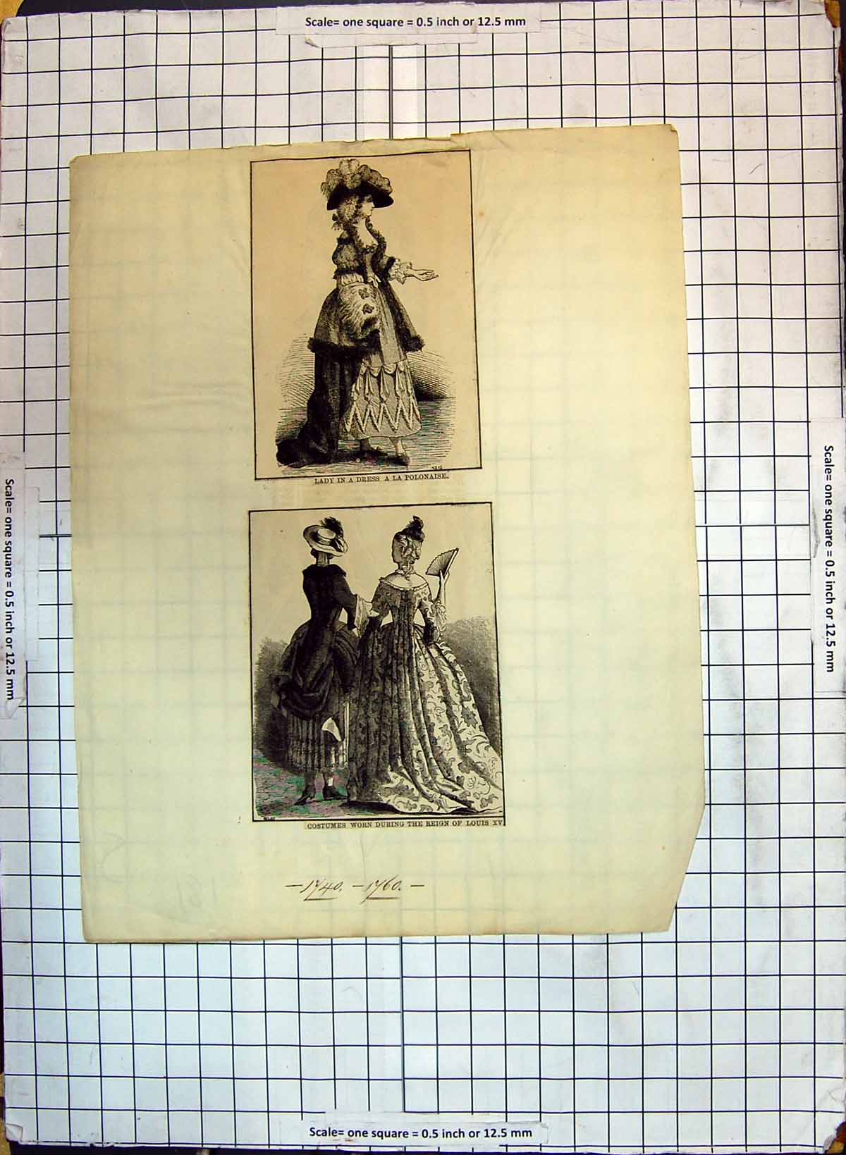 Original Old Antique Print Lady Dress Polonaise Costumes Fashion Reign Louis Xv