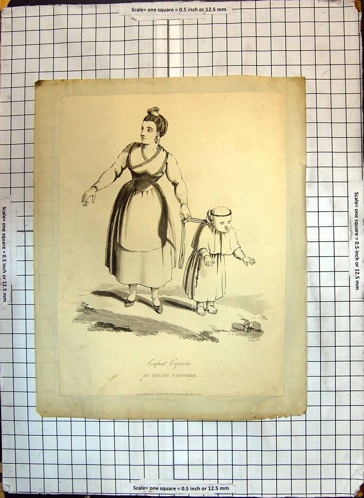 Original Old Antique Print Enfant Capucin Infant Baby Capuchin Mother Child