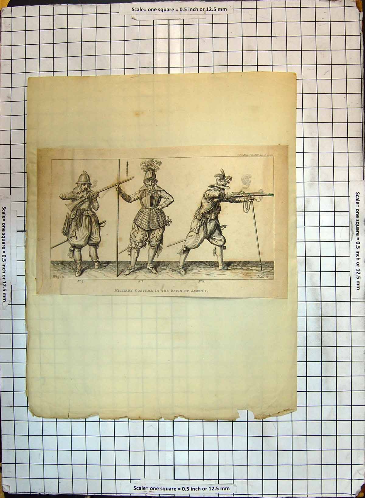 Original Old Antique Print Military Costumes Reign James I War Uniforms 20th