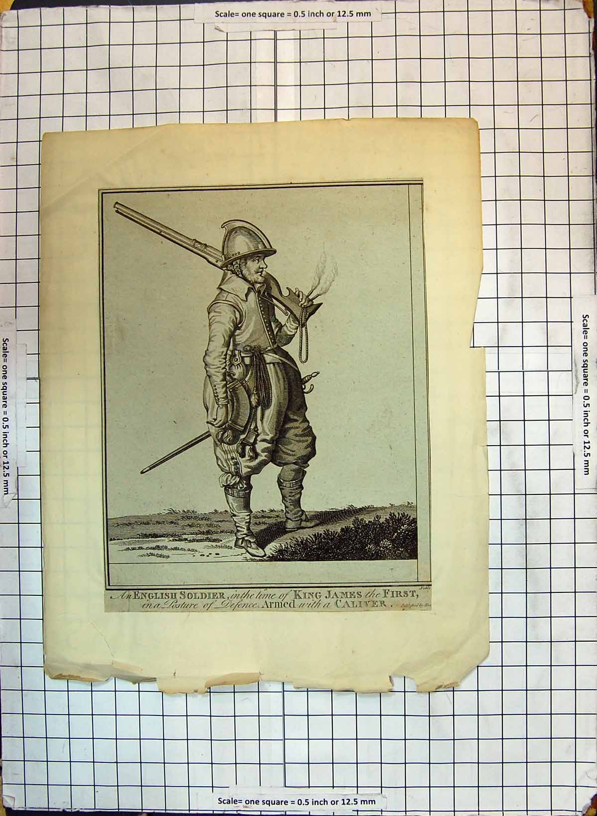 Original Old Antique Print English Sier King James Posture Defence Caliver 20th
