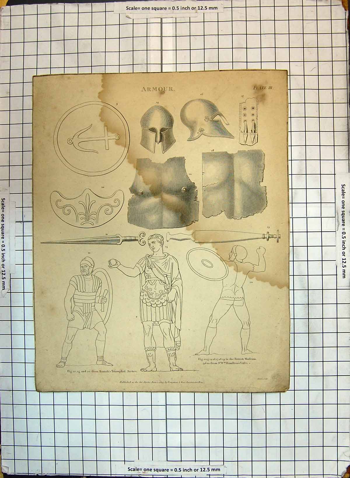 Antique Old Print War Armour Weapons Bartoli Triumphal Arches British Museum
