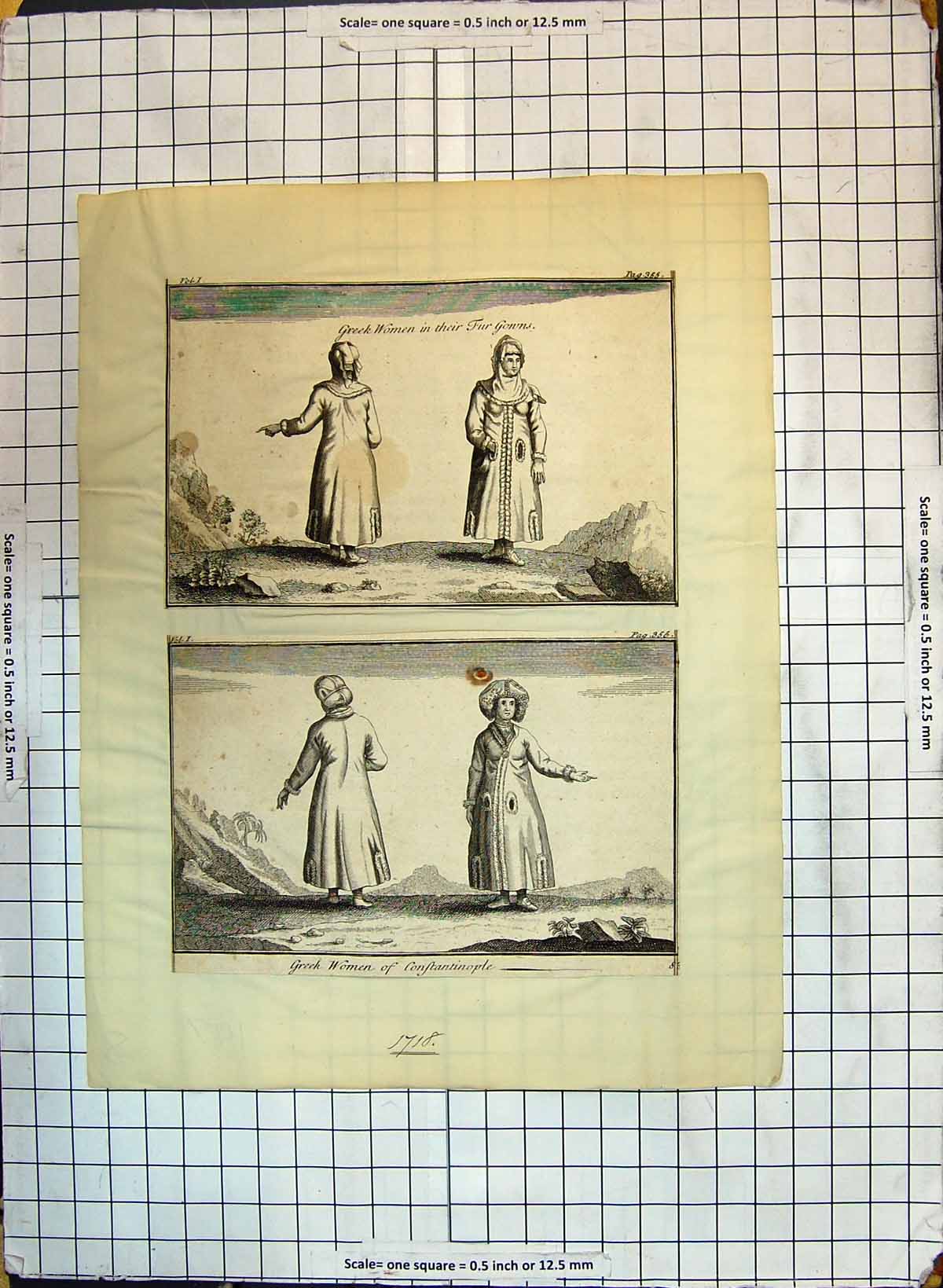 Original Old Antique Print Greek Women Fur Gowns Fashion Coats Constantinople