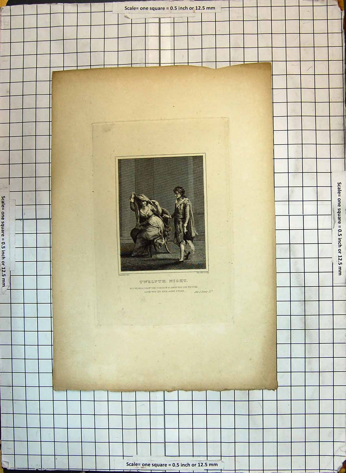 Original Old Antique Print Twlefth Night Theatre Scene Romance Engraving 20th
