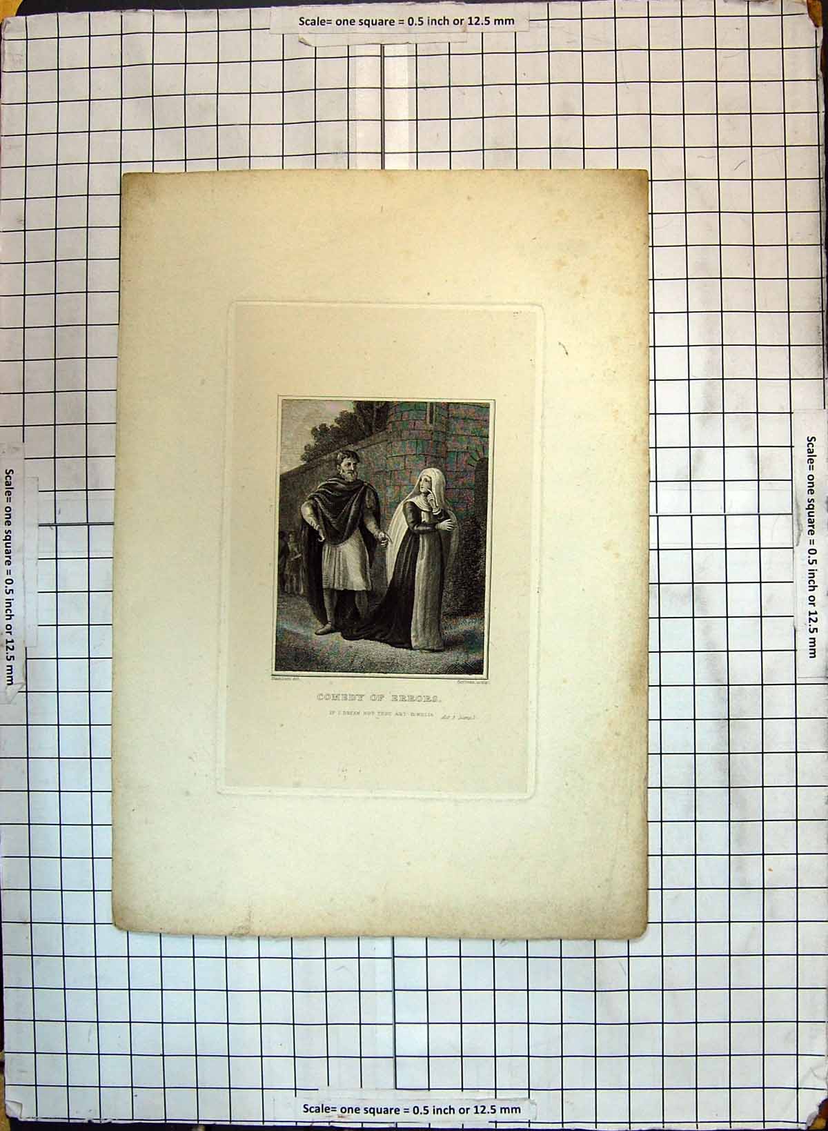 Original Old Antique Print Comedy Errors Theatre Scene Man Lady Romance Actors