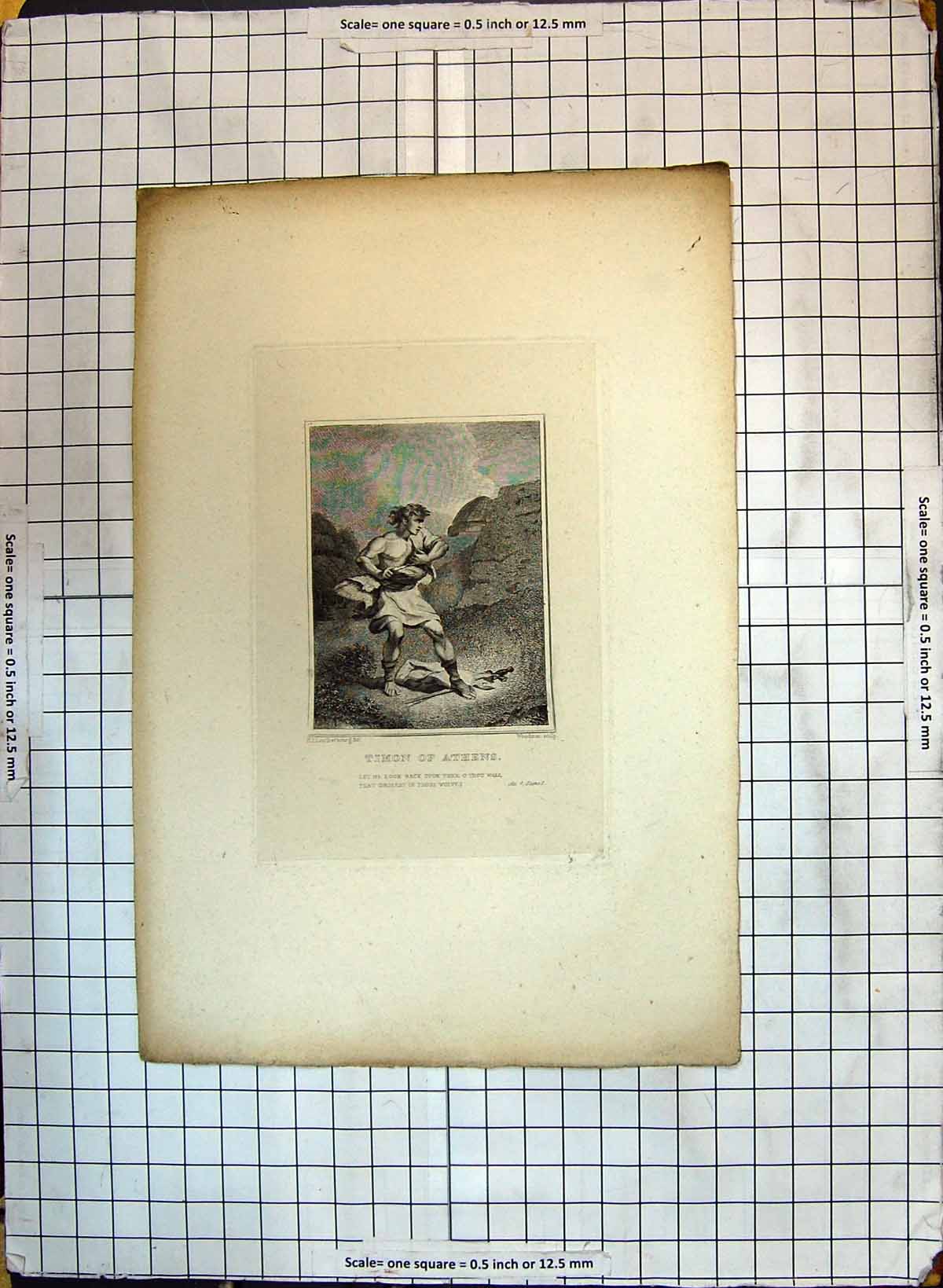 Original Old Antique Print Timon Athens Theatre Actor Woodman Engraving
