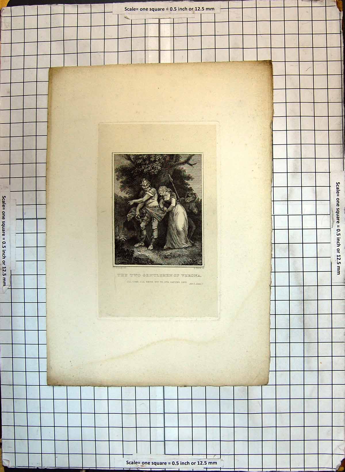 Original Old Antique Print Two Gentlemen Verona Man Lady Romance Theatre Actors