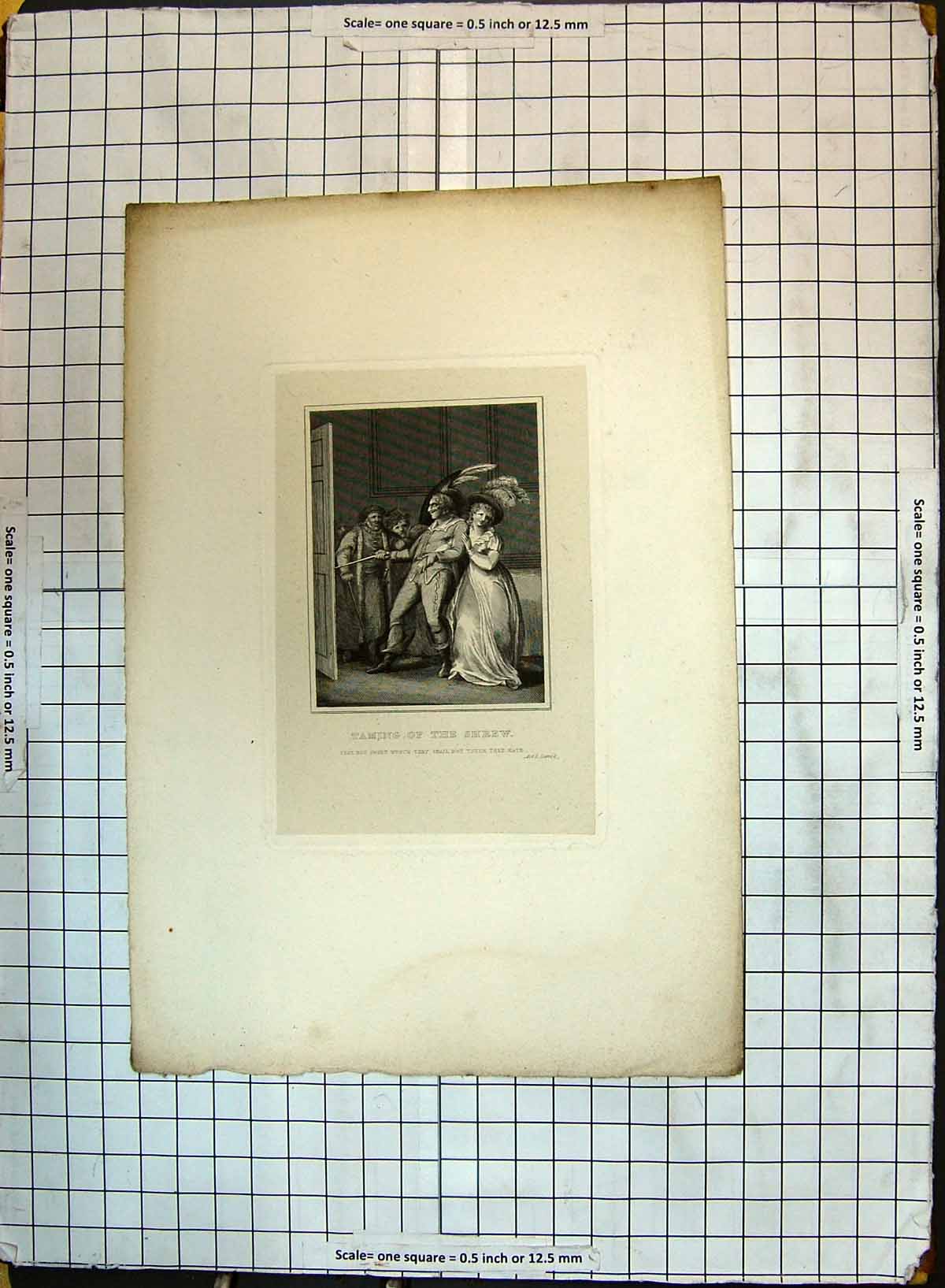Original Old Antique Print Taming Shrew Theatre Scene Actors Shakespeare