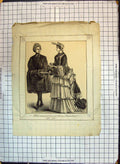 Original Old Antique Print Man Lady Romance Costumes Fashion Dresses