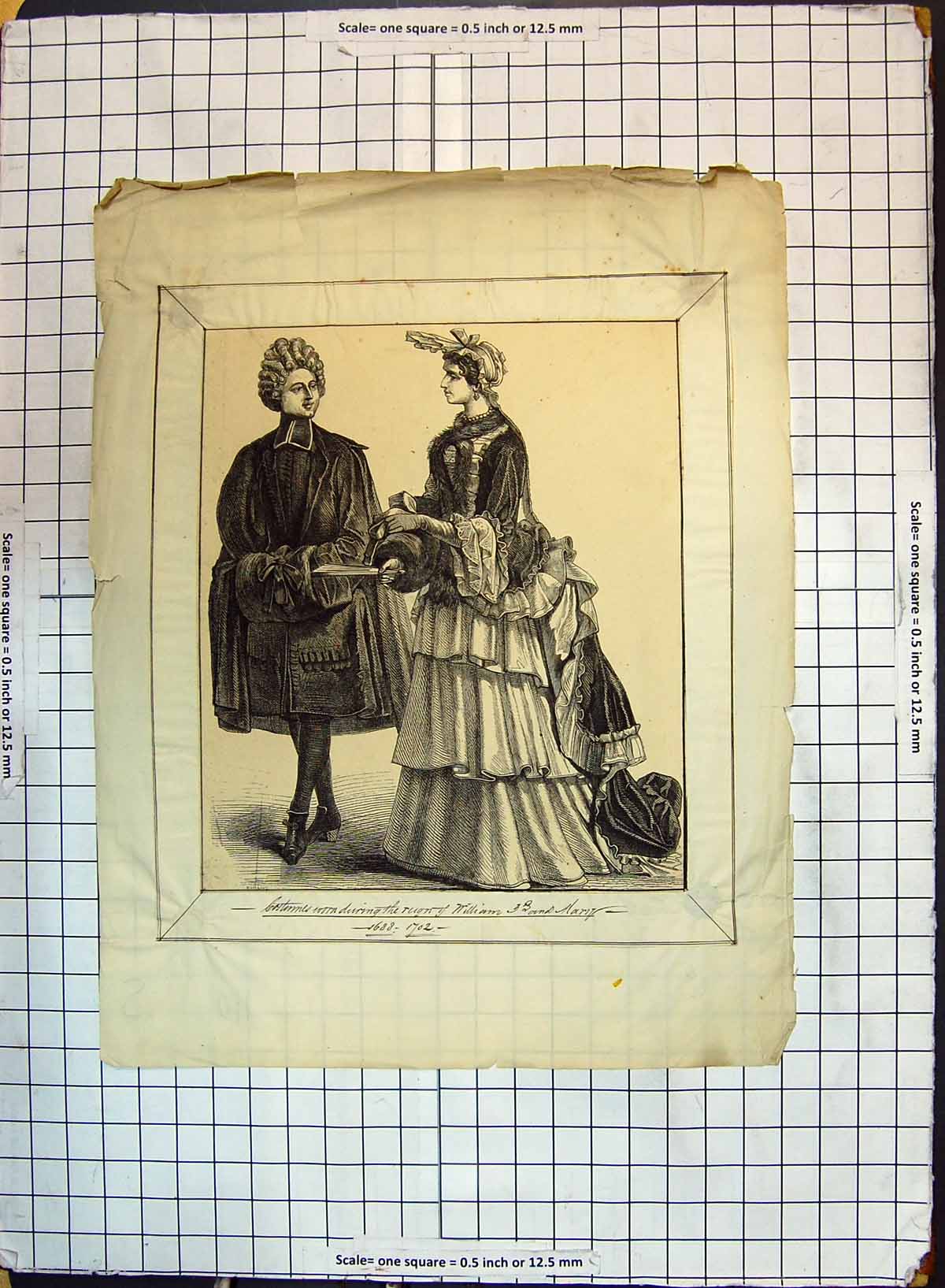 Original Old Antique Print Man Lady Romance Costumes Fashion Dresses