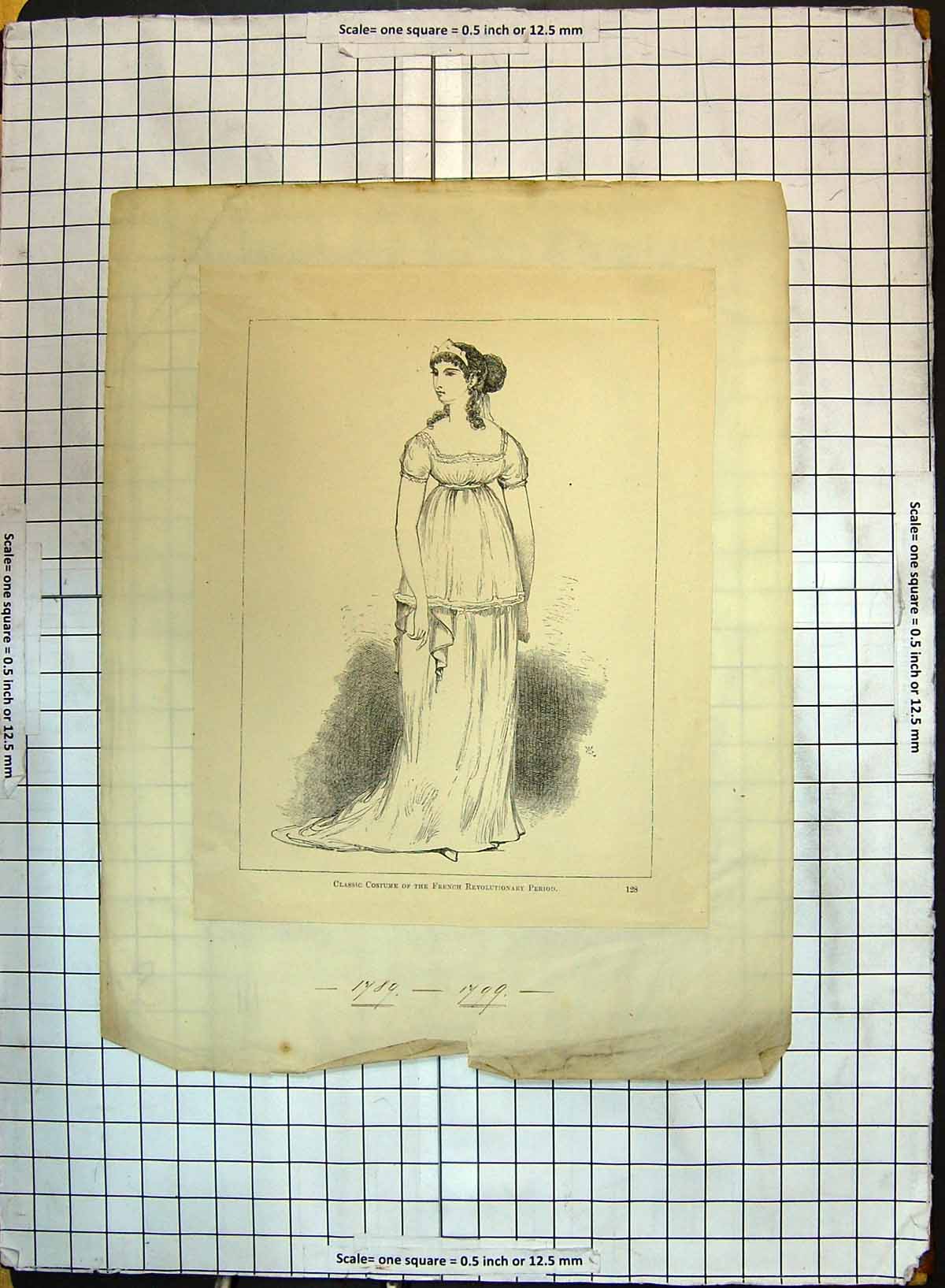 Antique Old Print Classic Costume French Revolutionary Period Lady Fashion