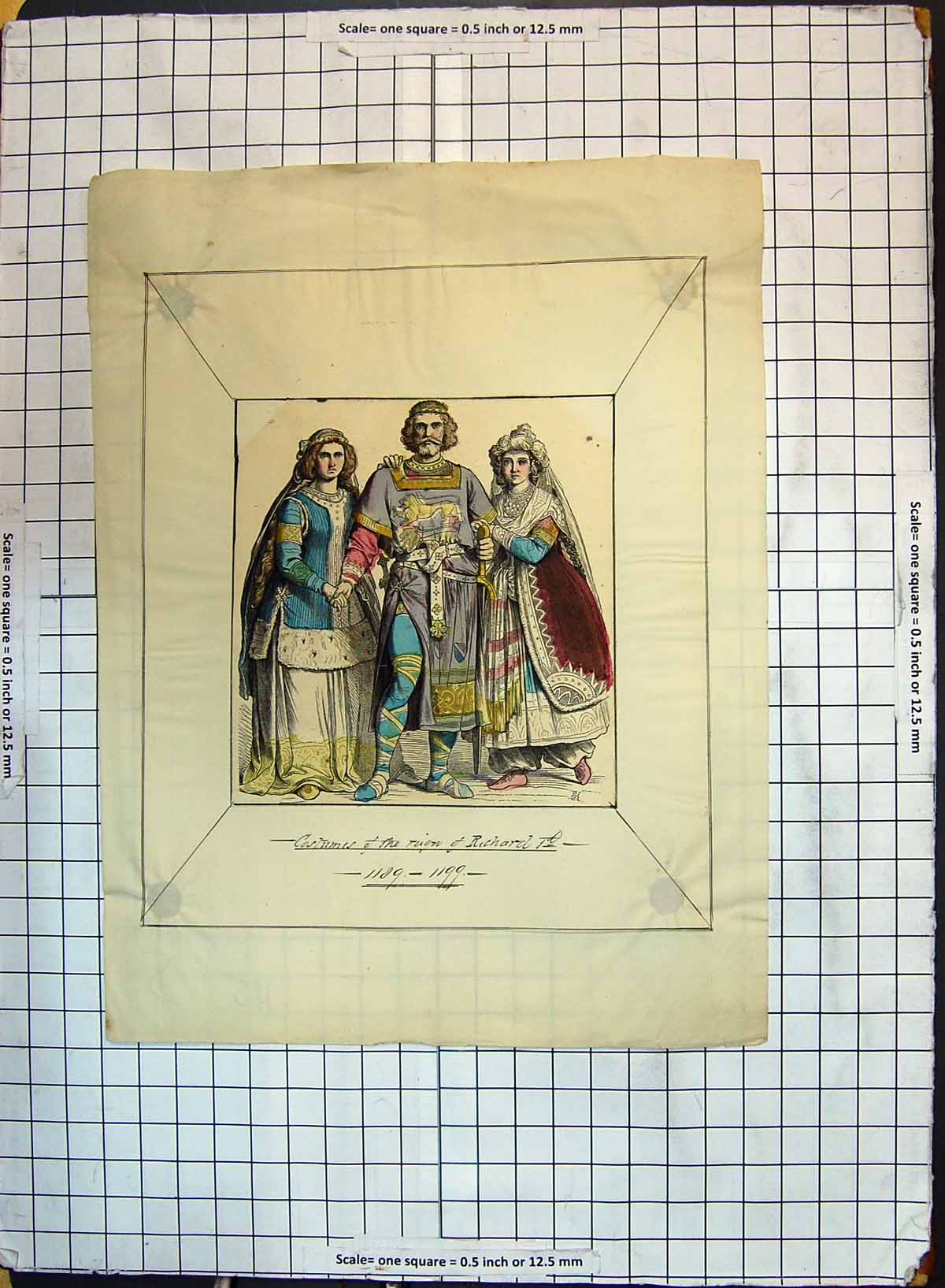 Antique Old Print Colour Costumes Reign Richard Ladies Men Fashion Dresses