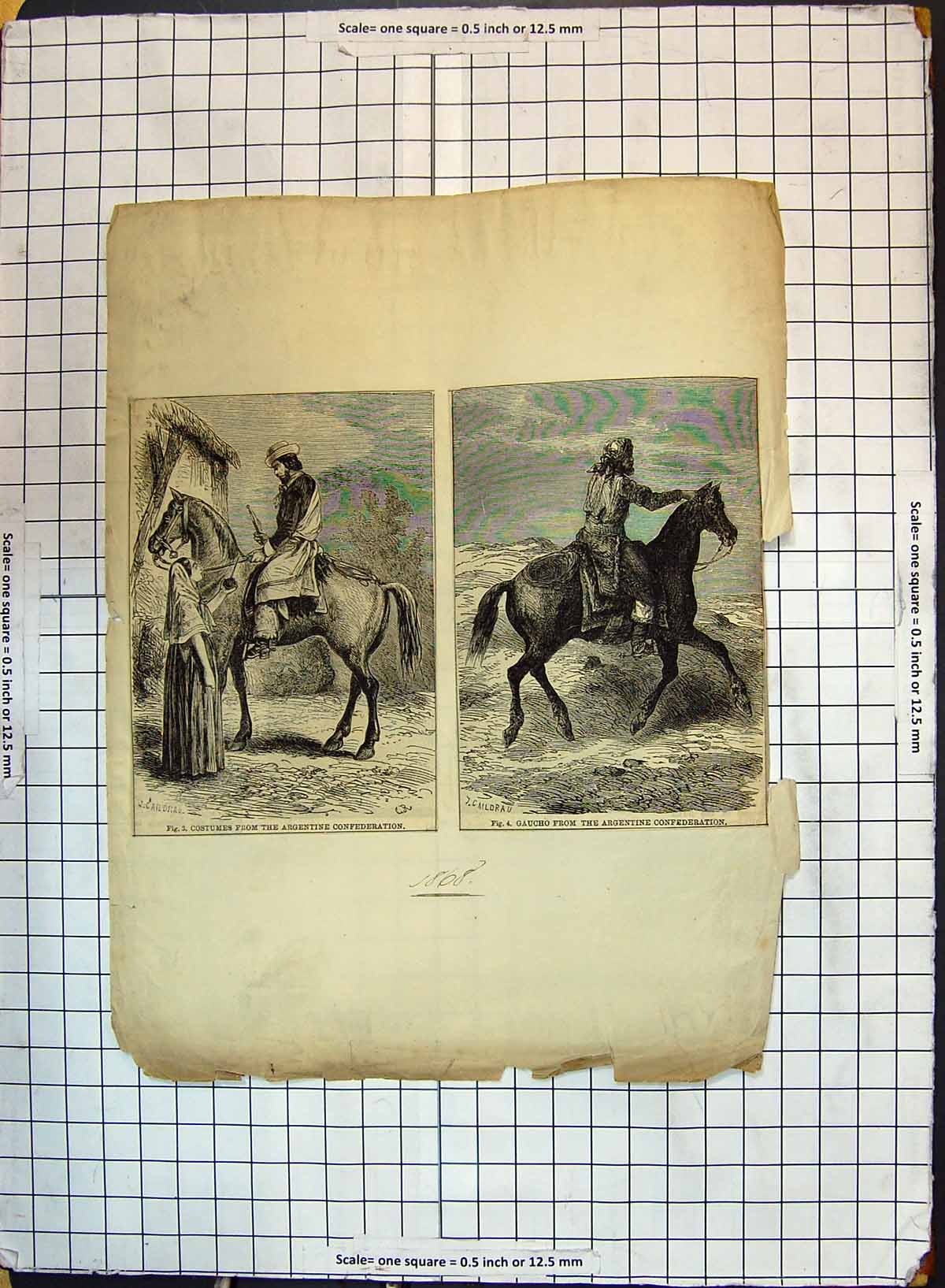 Original Old Antique Print Costumes Argentine Confederation Gaucho Men Horses
