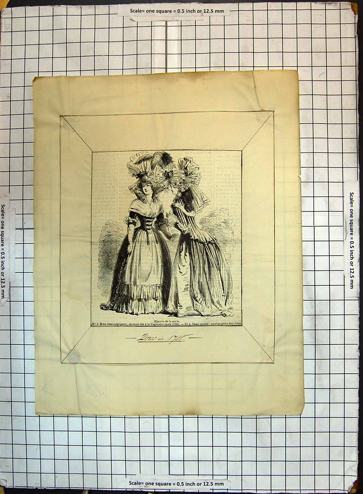 Old Antique Print Ladies Fashion Dresses Robe Demi-Negligente Cagliostro