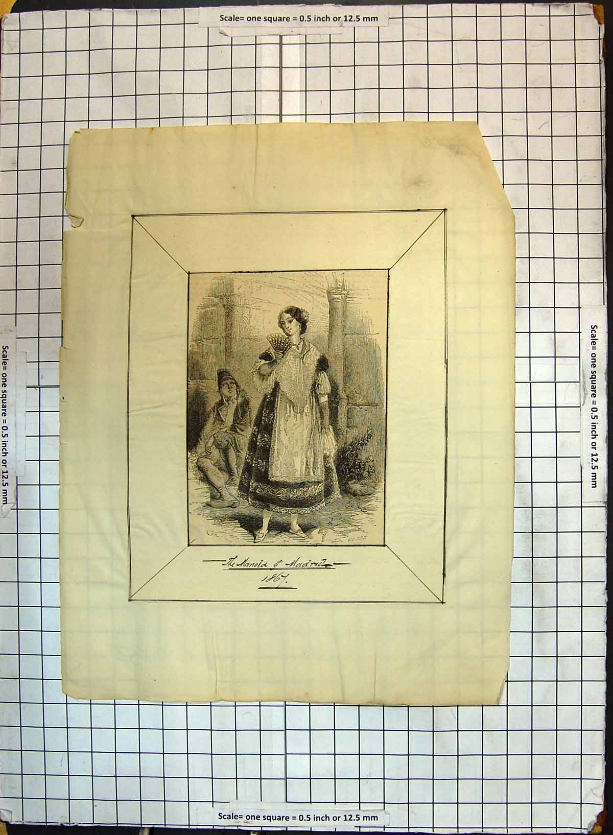 Original Old Antique Print Spanish Lady Madrid Fan Fashion Dress Costume Spain