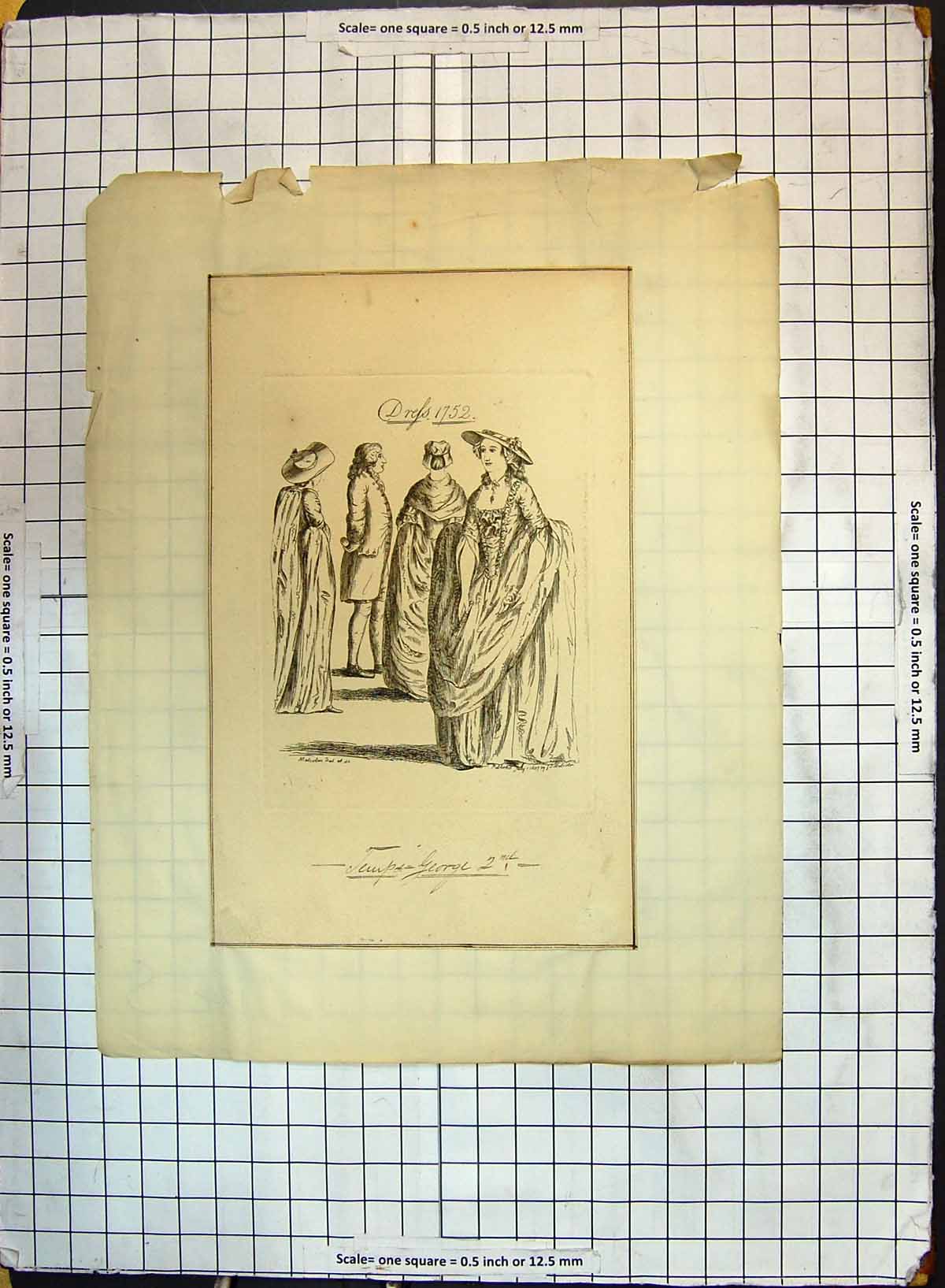 Original Old Antique Print Ladies Men Fashion Dresses Reign George Cotumes