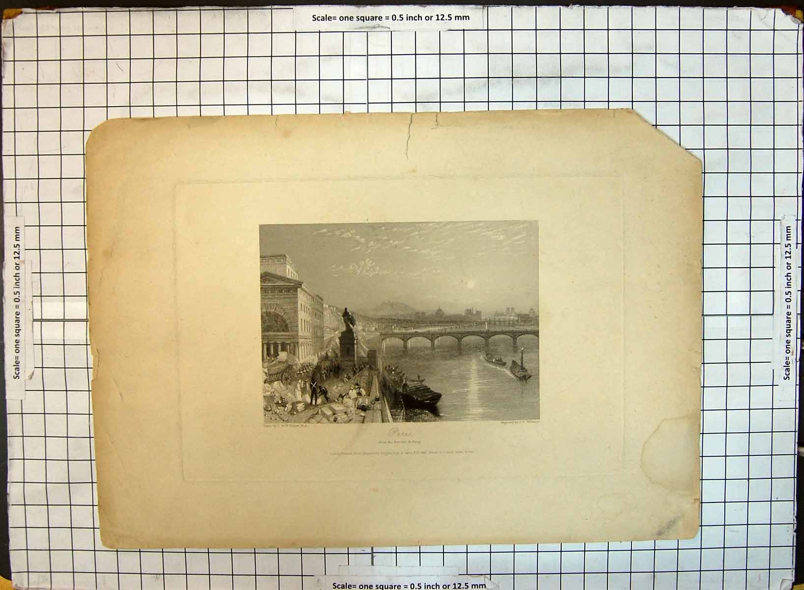 Antique Old Print Engraving View Paris France River Bridge Willmore Turner