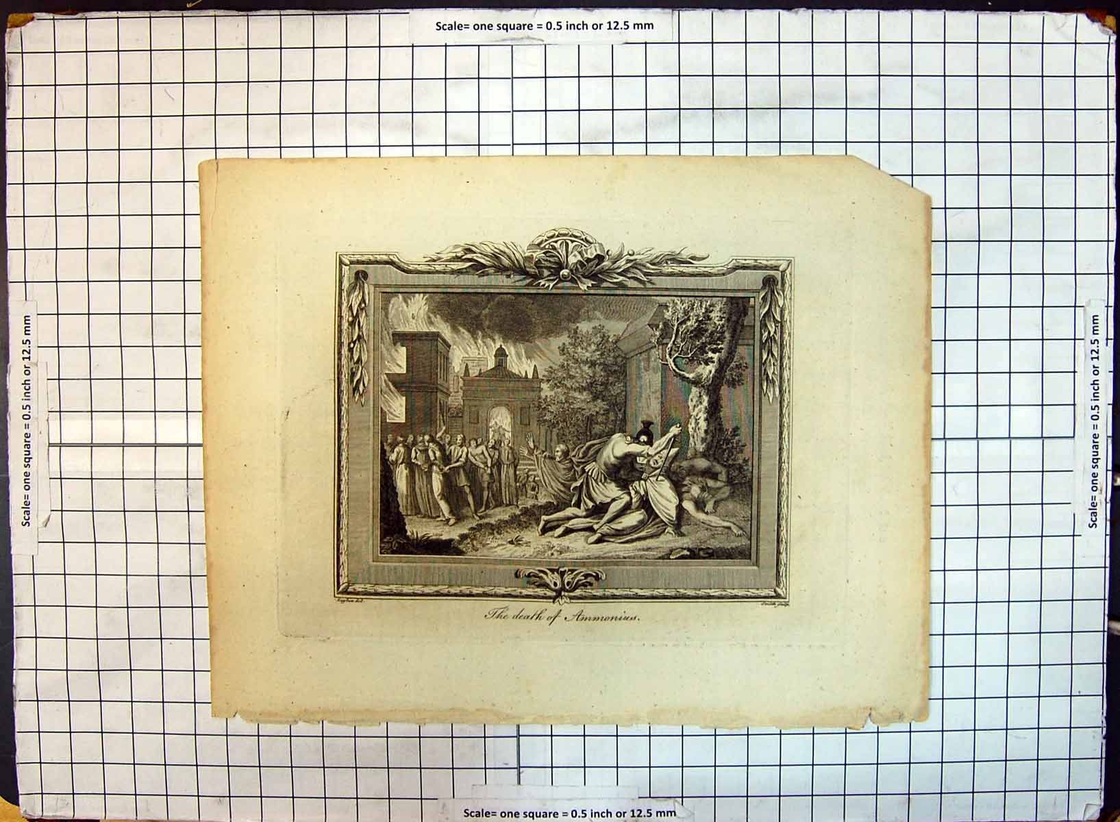 Original Old Antique Print Scene Death Ammonius Fight Burning Buildings Smith
