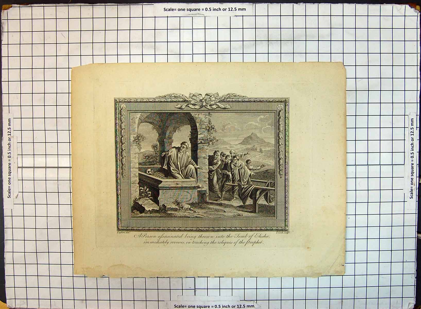 Old Antique Print Person Thrown Tomb Elisha Reliques Prophet Cook Luyken