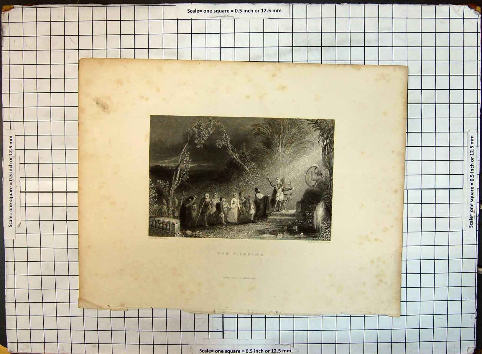 Original Old Antique Print Engraving Scene Pilgrims People Presbury Melville