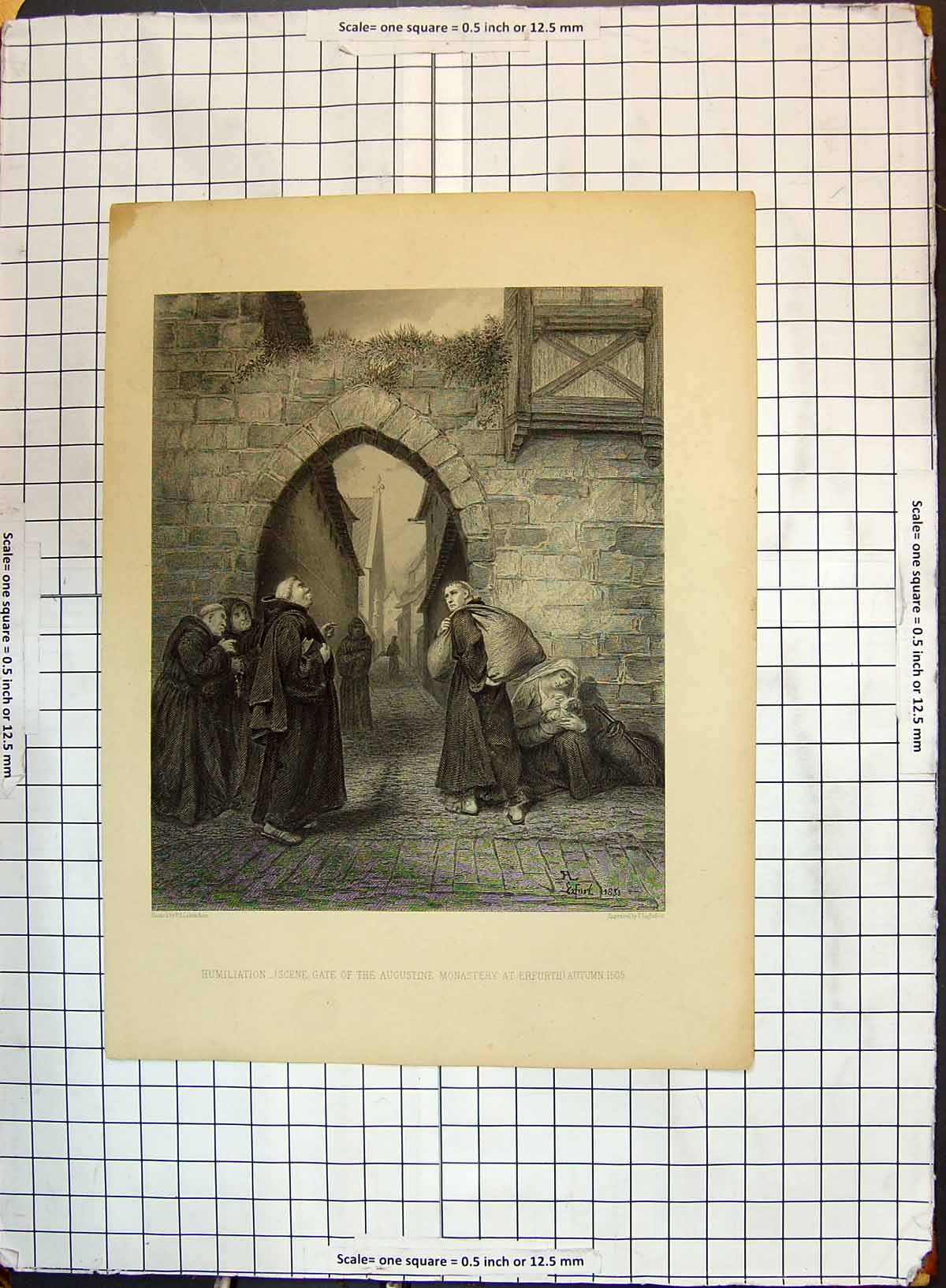 Antique Old Print Humiliation Scene Gate Augustine Monastery Erfurth Monks