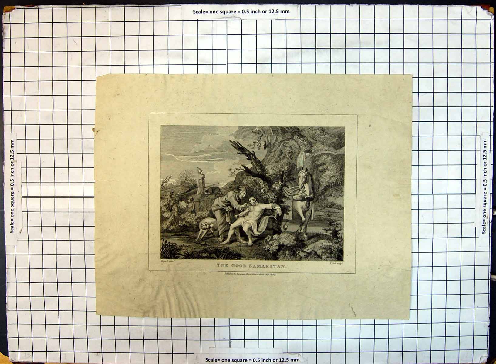 Old Antique Print Engraving Good Samaritan Horse Men Hills Cook Hogarth