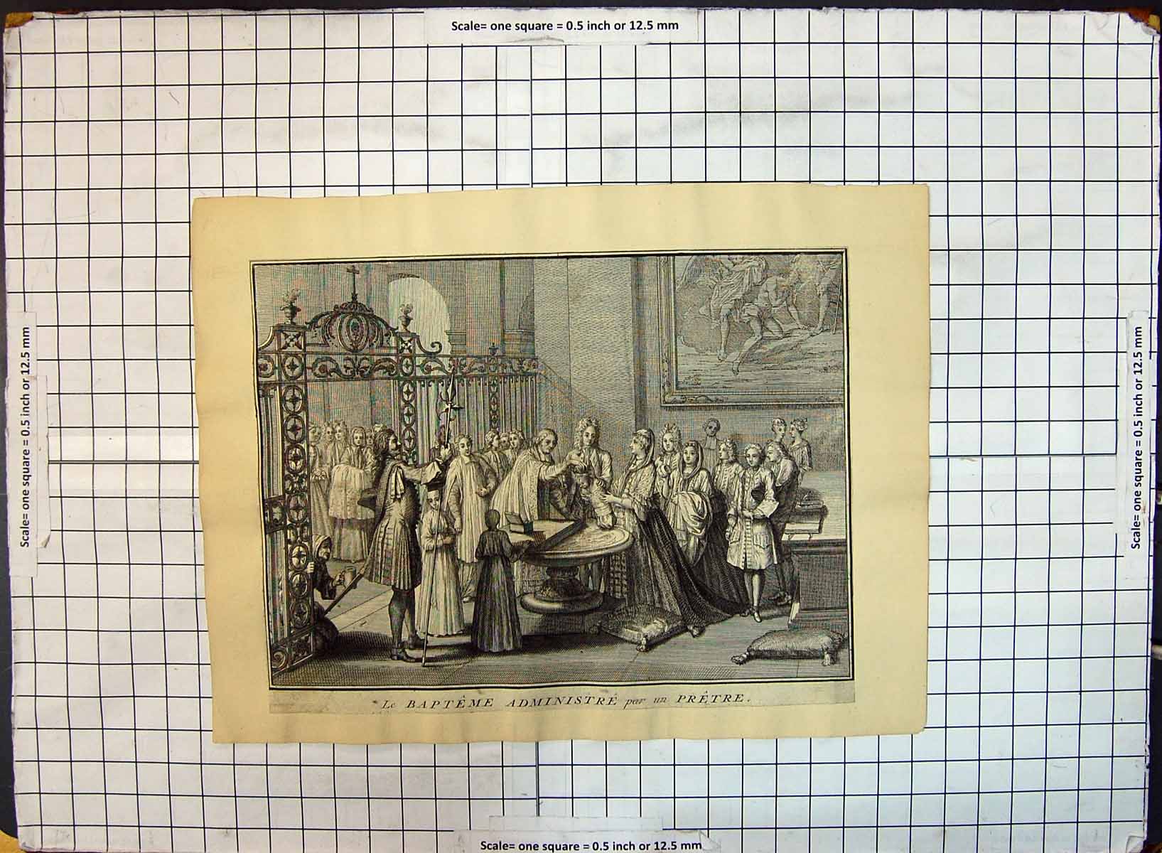 Original Old Antique Print Bapteme Administre Pretre Church Baptism Baby