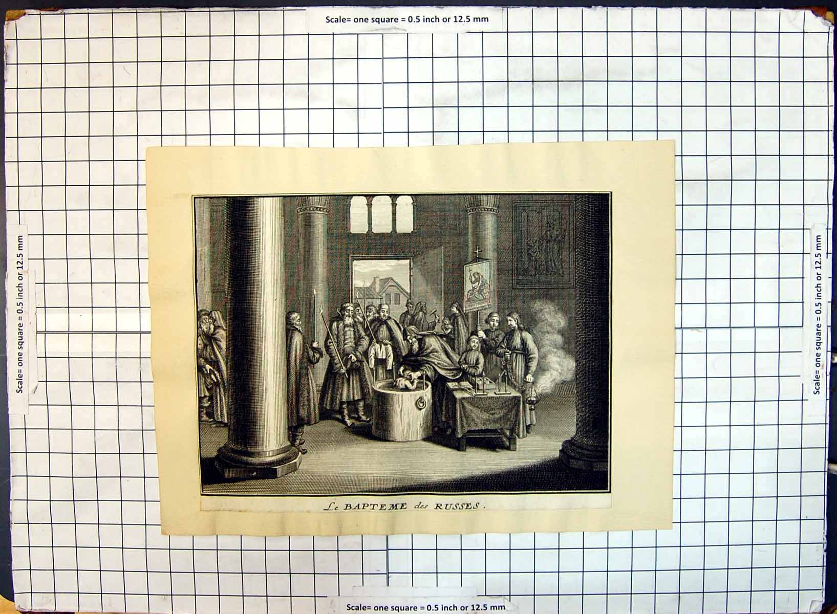 Original Old Antique Print Engraving Bapteme Russes Church Child Baptism