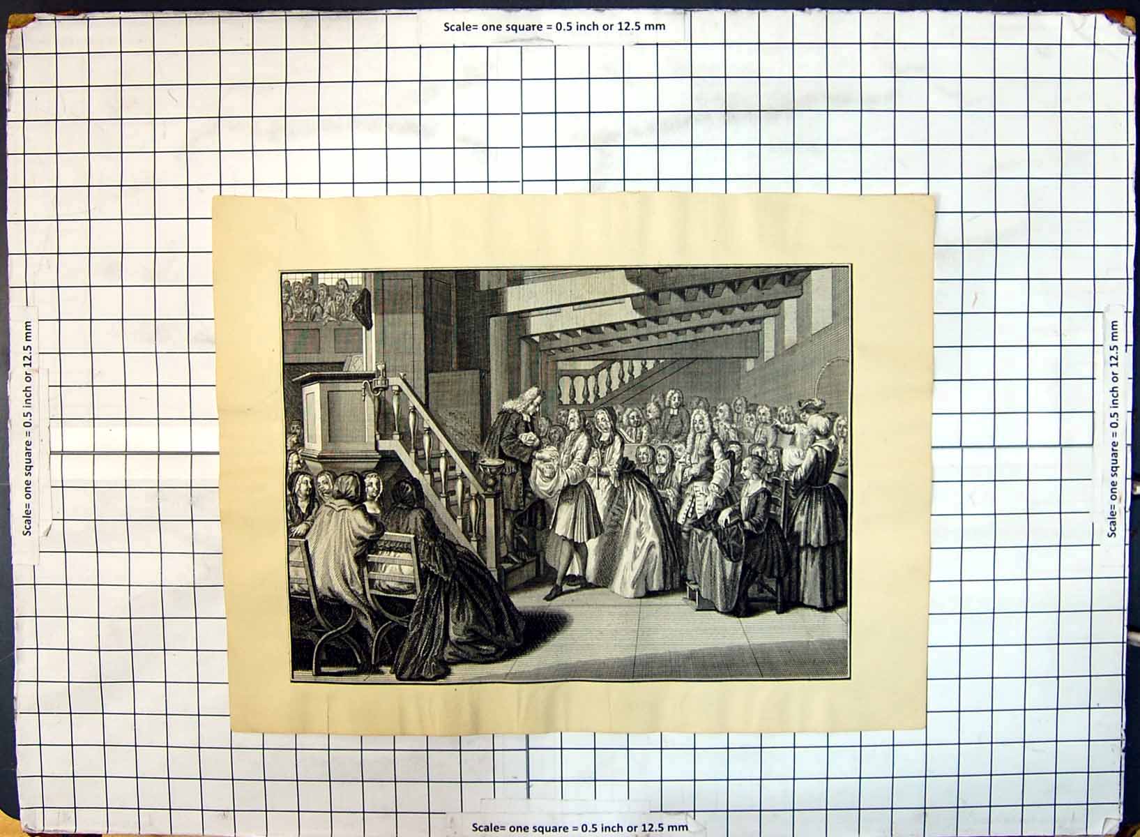 Original Old Antique Print Church Baptism Child Baby Ladies Men Stairs 18th