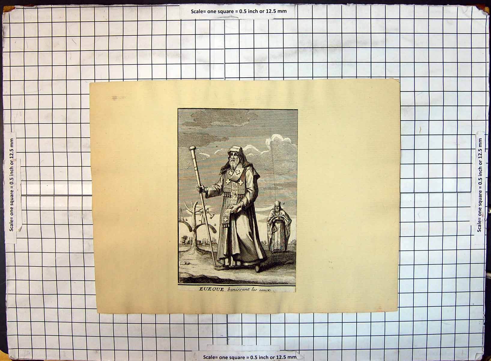 Antique Old Print Engraving Eueque Benissant Les Caux Man Stick Costume Dress