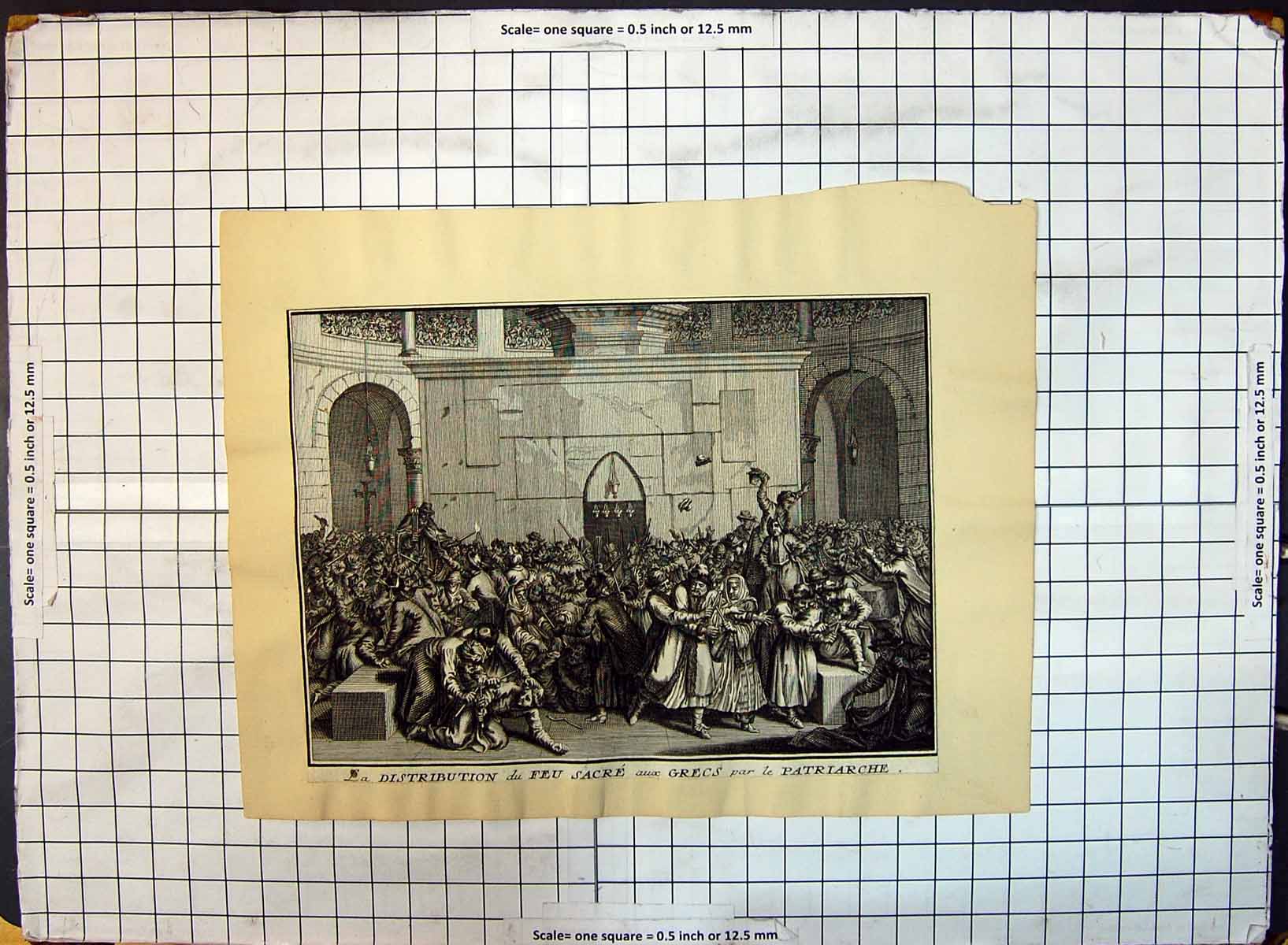 Original Old Antique Print Distribution Feu Sacre Grecs Patriarche Men Fighting