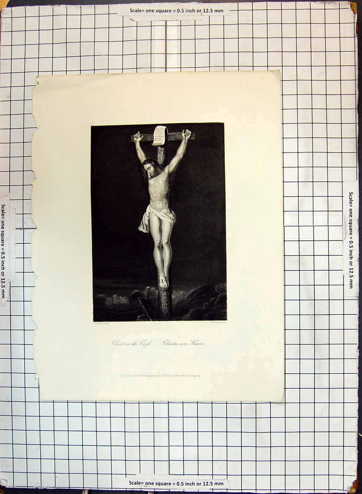Original Old Antique Print Engraving Jesus Christ Cross Payne Rubens 19th