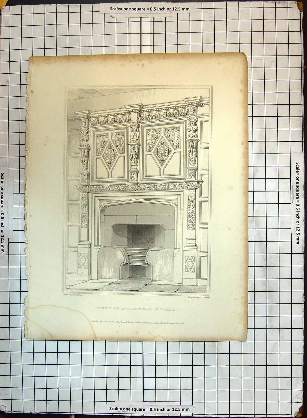 Old Print Engraving Chimney Piece Hordon Hall Durham Smith Billings 1841 19th