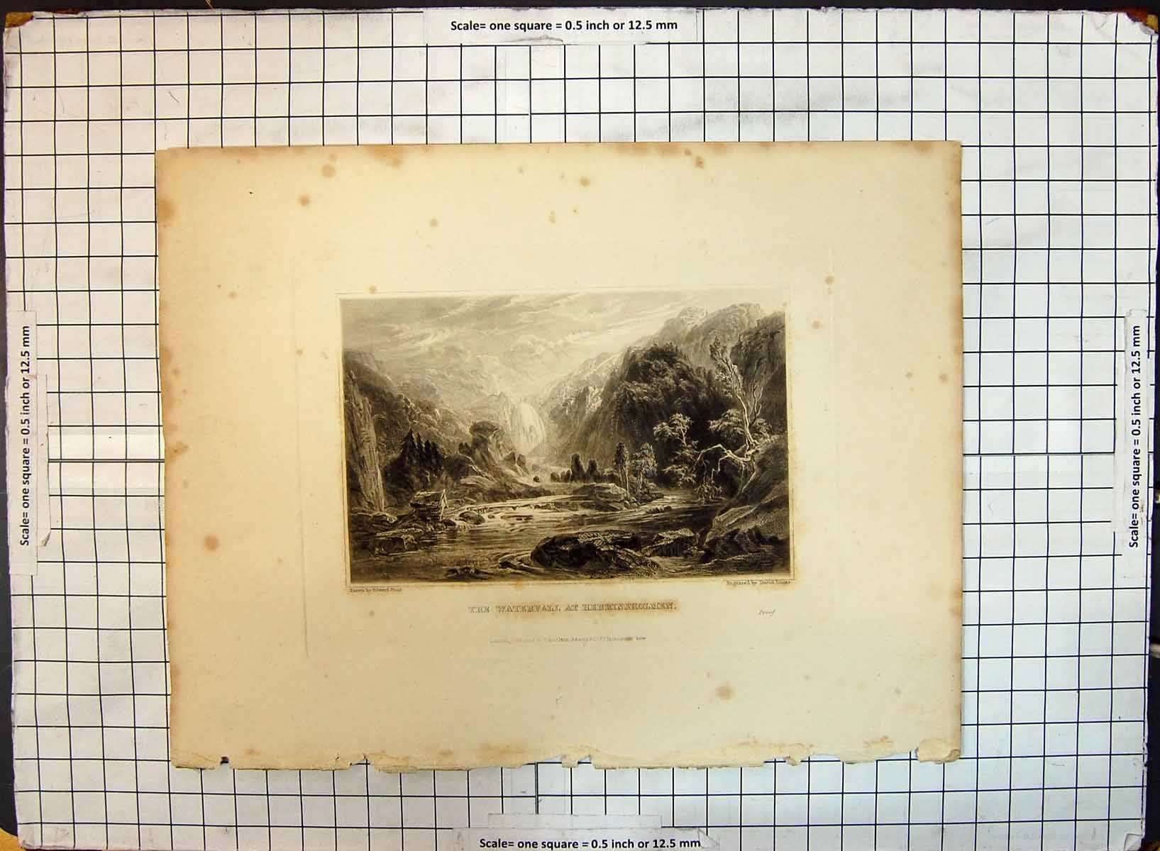 Antique Print Engraving Waterfall Herrinsholmen Mountains River Price Lucas