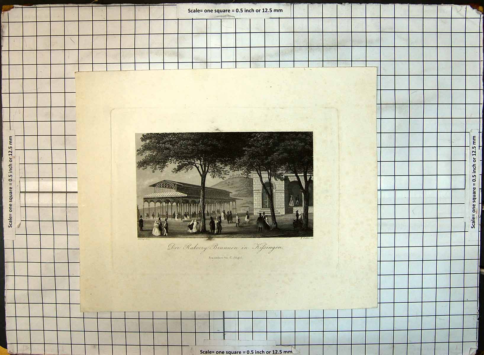 Antique Old Print Engraving Rakoozy Brunnen Kinssingen Trees Buildings Foltz