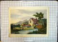 Old Antique Print Colour Church River Fishing Fishermen Trees Mountains 20th