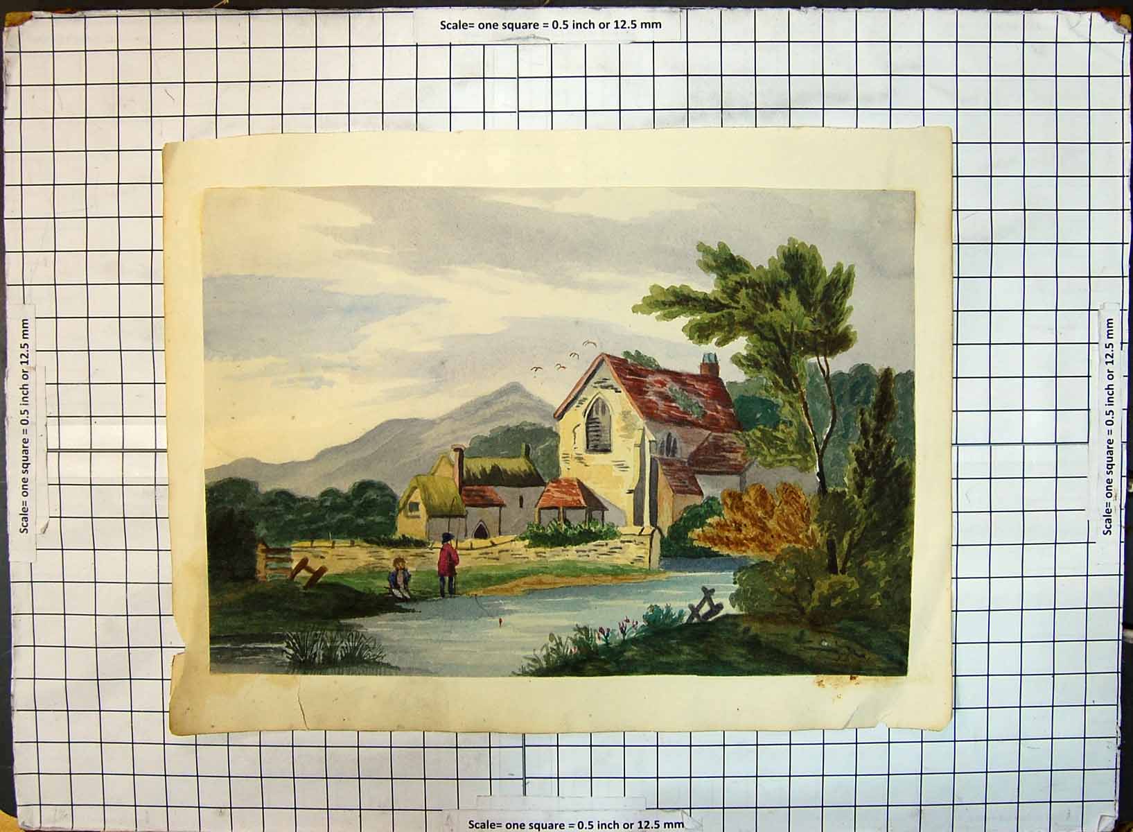 Old Antique Print Colour Church River Fishing Fishermen Trees Mountains 20th
