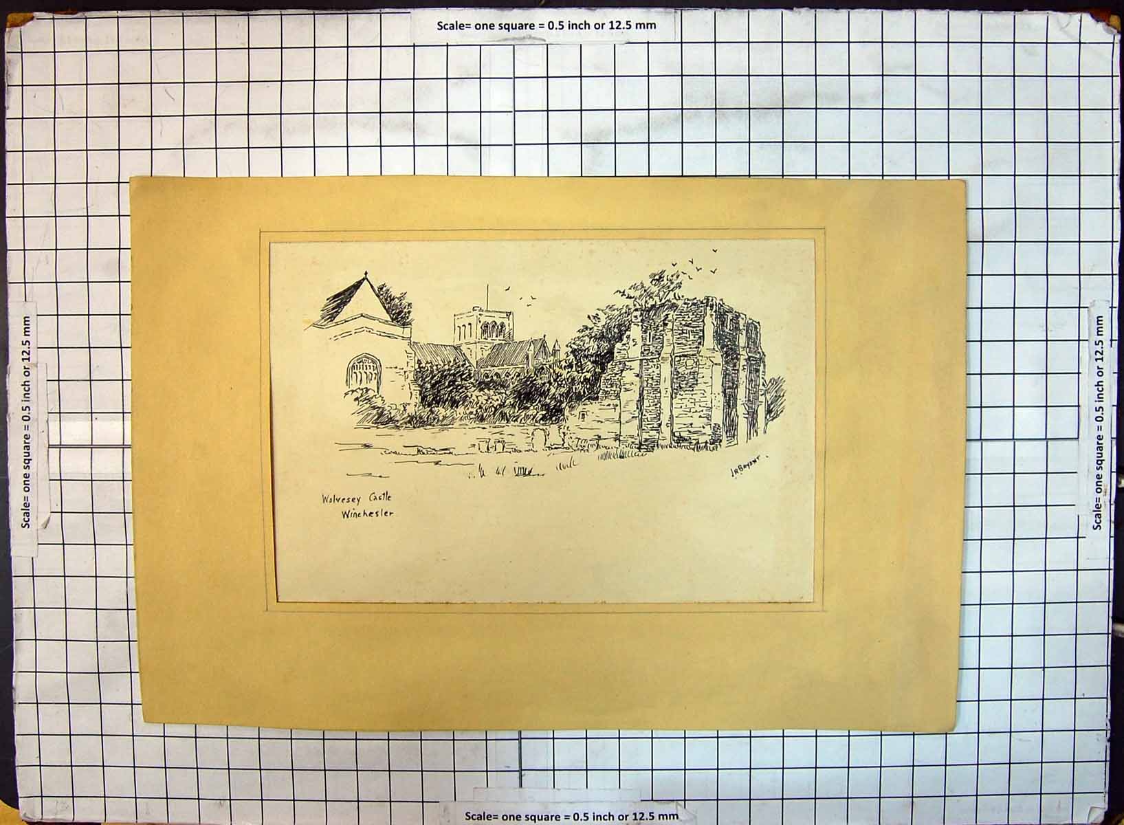 Original Old Antique Print Wolvesey Church Winchester England Architecture 20th