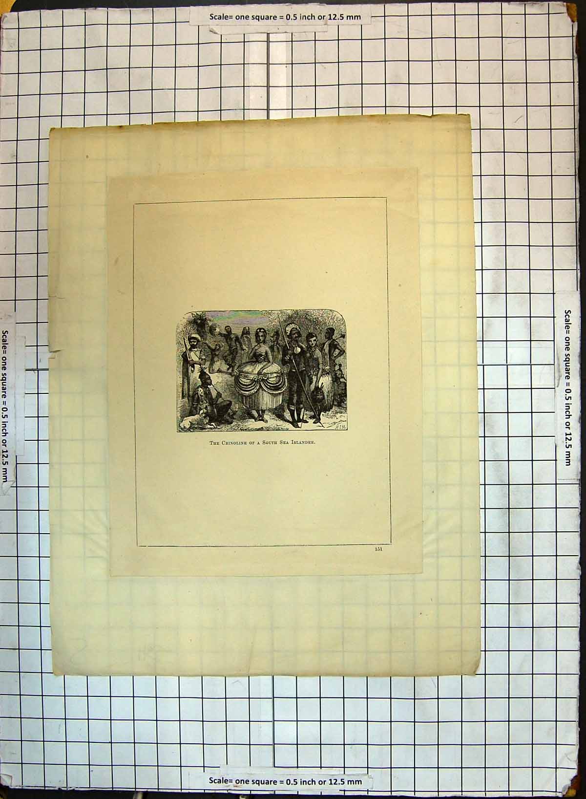 Original Old Antique Print Crinoline Ladies Men South Sea Islanders Weapons