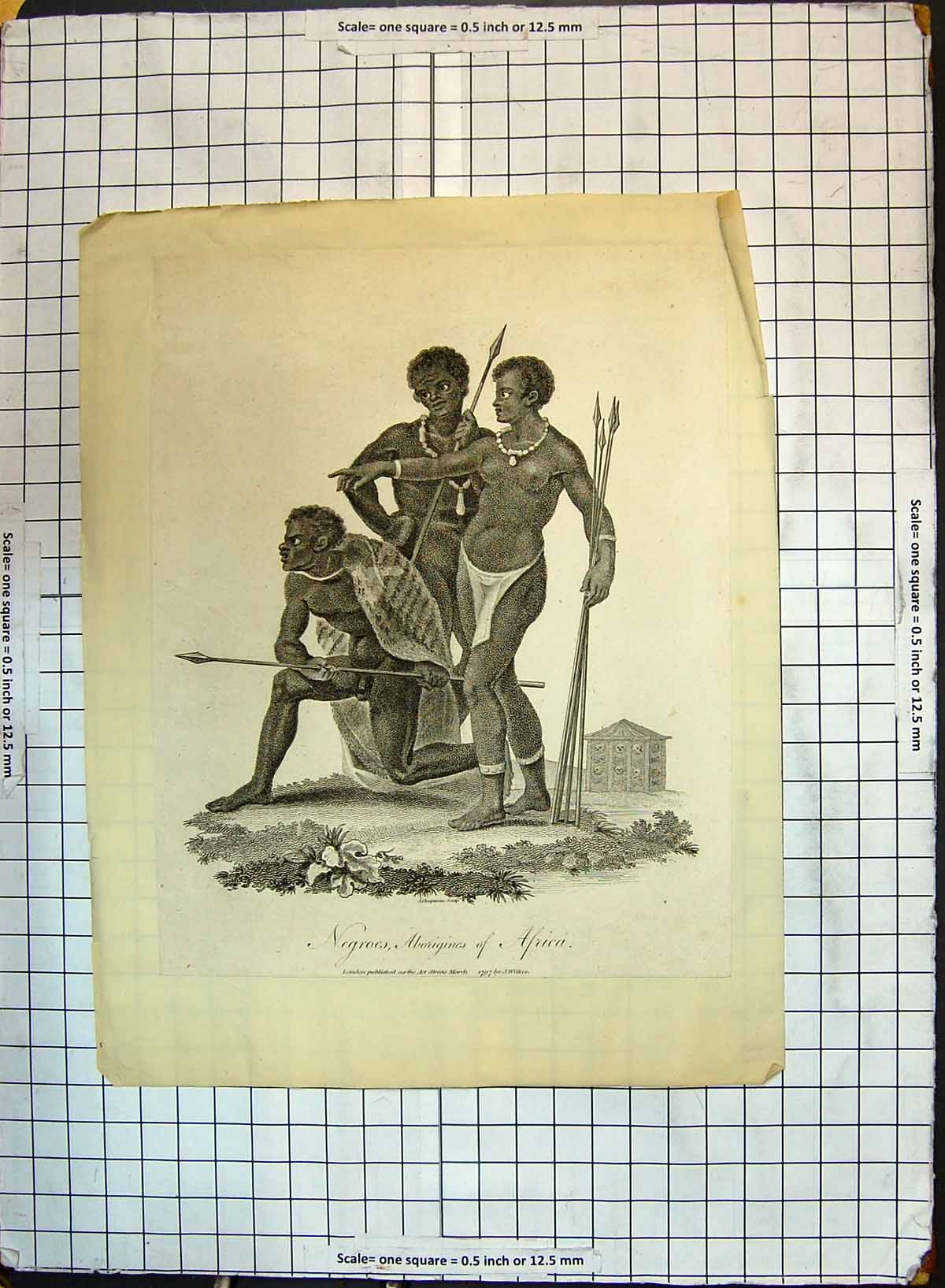 Original Old Antique Print 1797 Negroes Aboriginies Africa Warriors Weapons