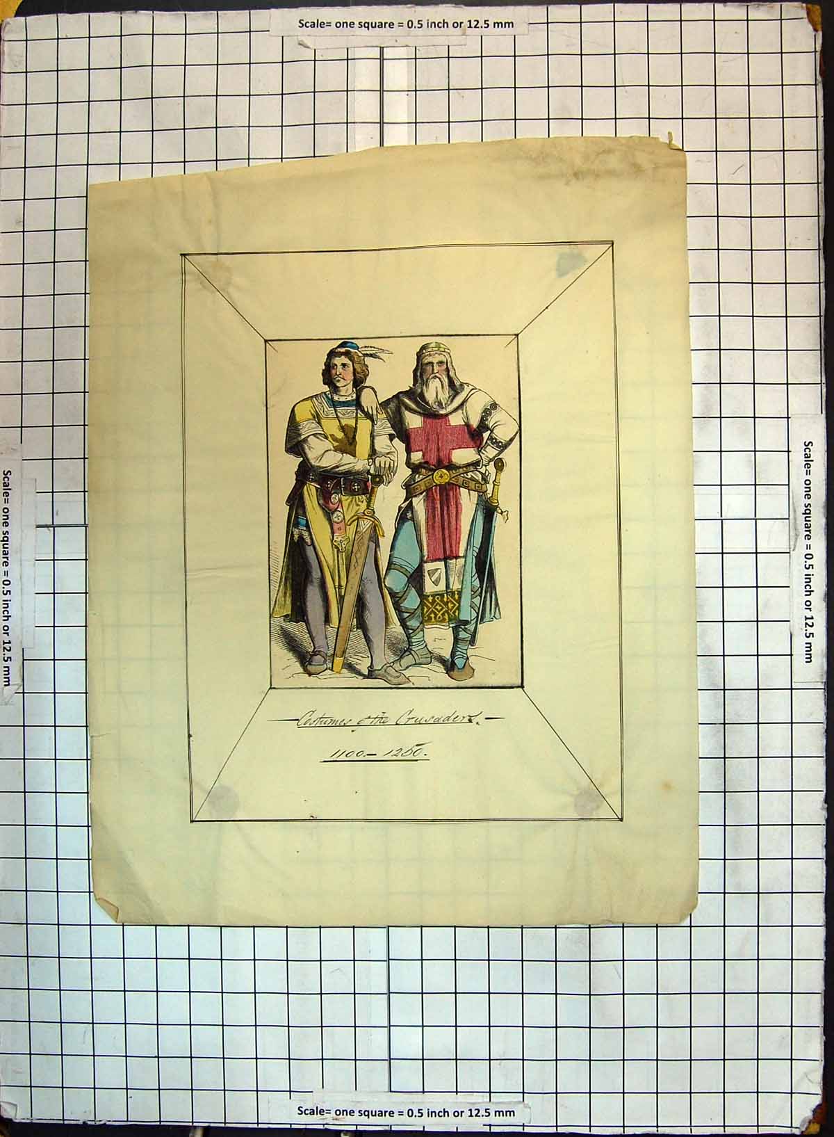Original Old Antique Print Colour Costumes Crusaders Men War Weapons