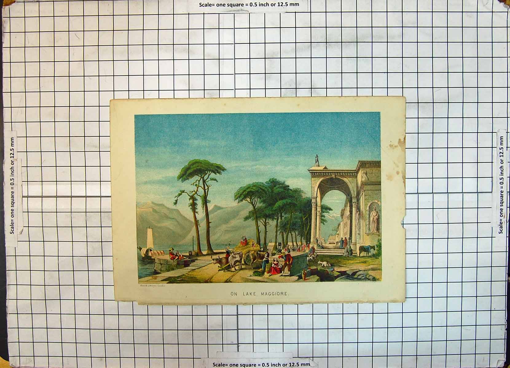 Original Old Antique Print Colour Scene Lake Maggiore Italy Mountains
