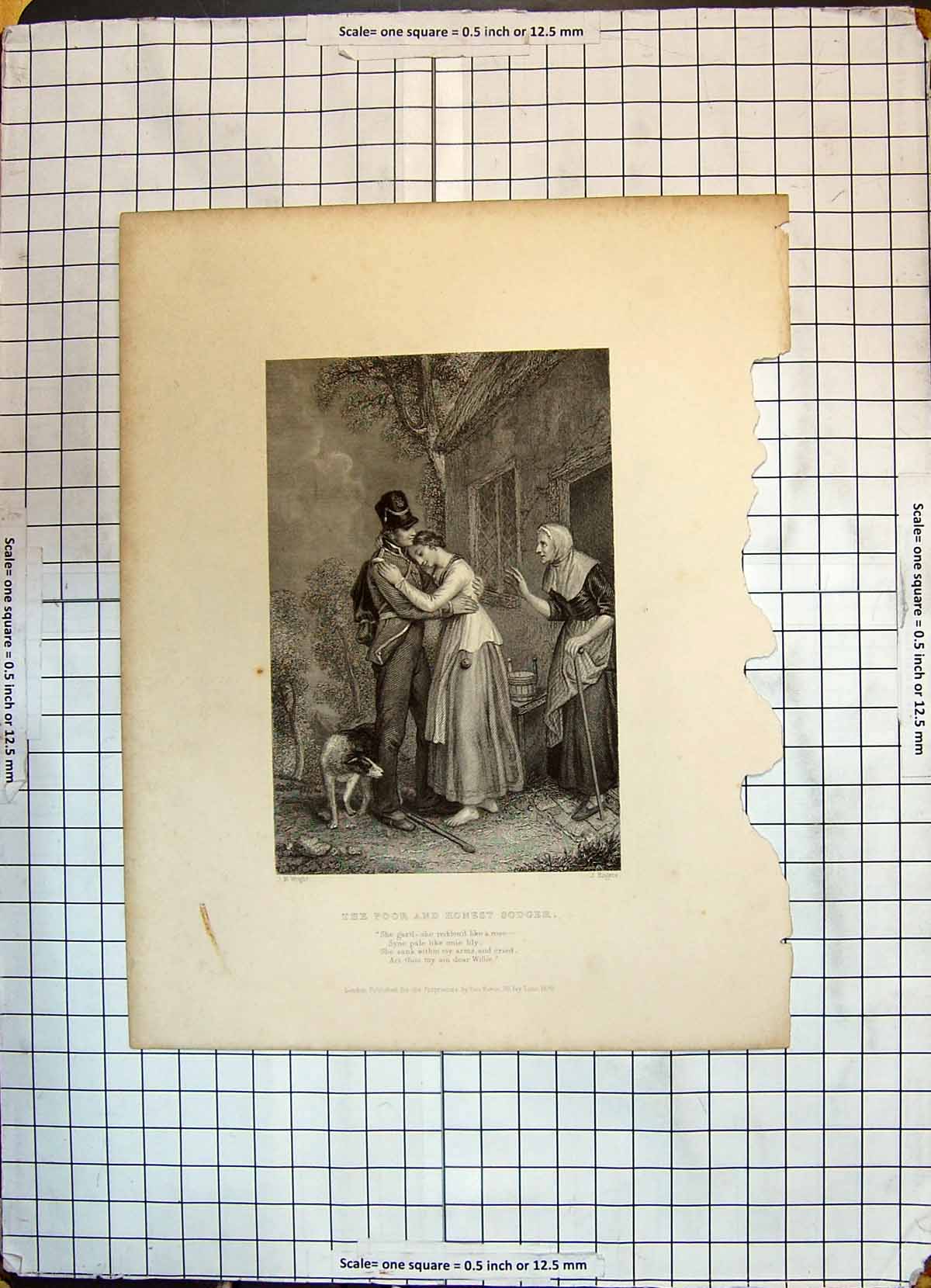 Original Old Antique Print Poor Honest Sodger House War Sier Wright Rogers 1839