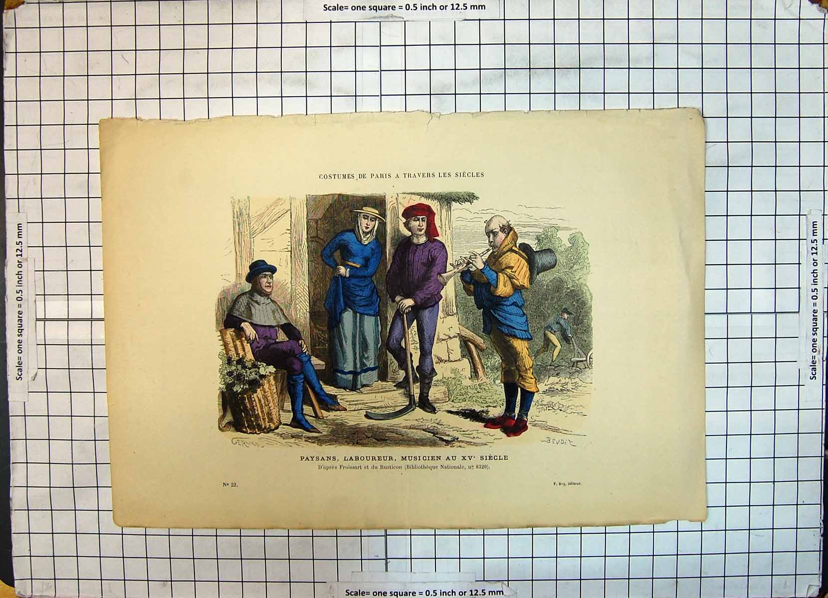 Old Print Colour Paysans Laboureur Musicien Siegle France Music Rusticon