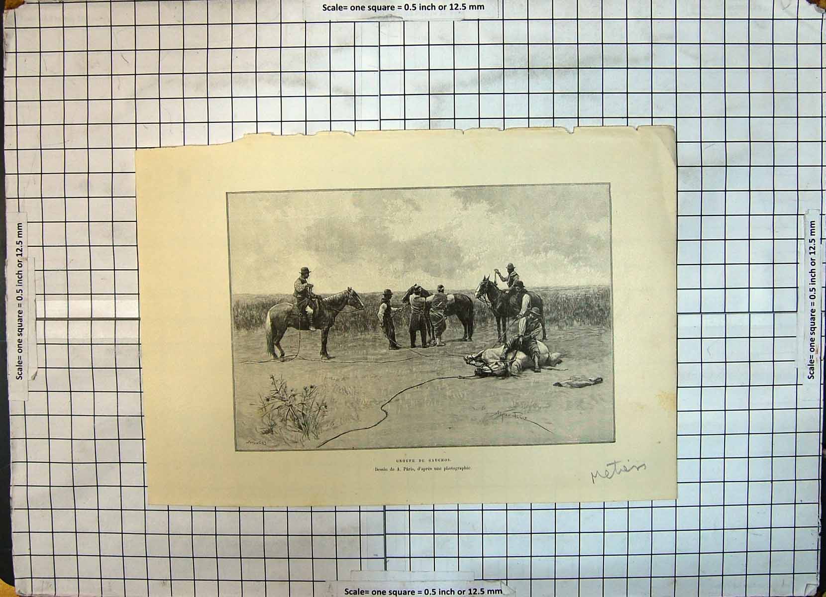 Original Old Antique Print Groupe De Gauchos Horses Men Dessin Paris