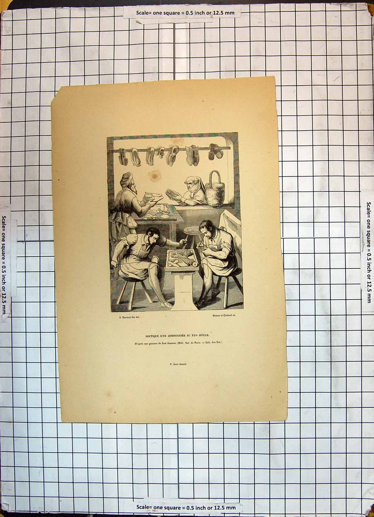 Original Old Antique Print Botique Cordonnier Siecle Men Industry Sewing Shoes