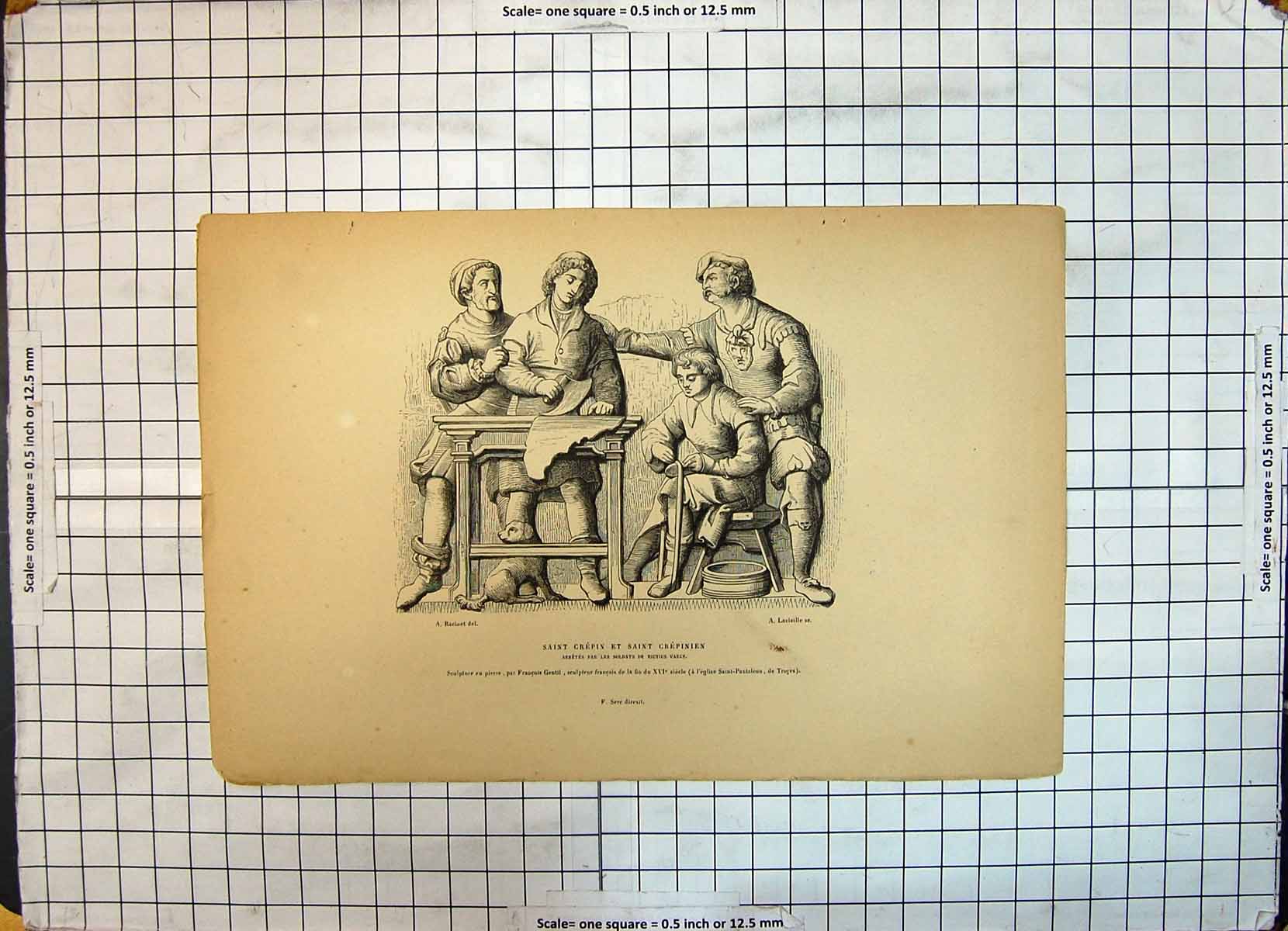 Original Old Antique Print Saint Crepin Saint Grepinien Men Industry Sculpture
