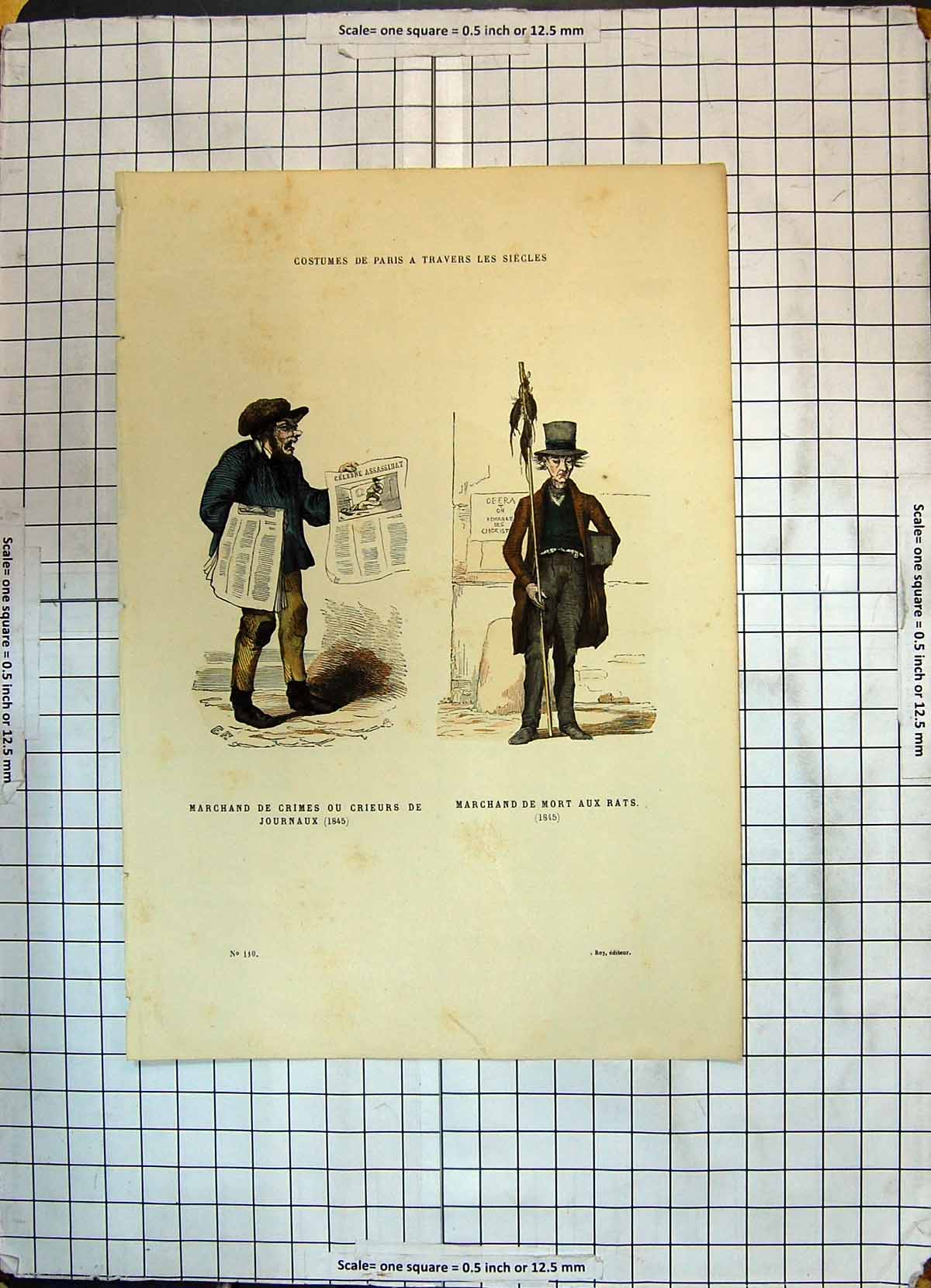 Old Antique Print Colour Marchand De Crimes Journaux Mort Aux Rats 1845 19th