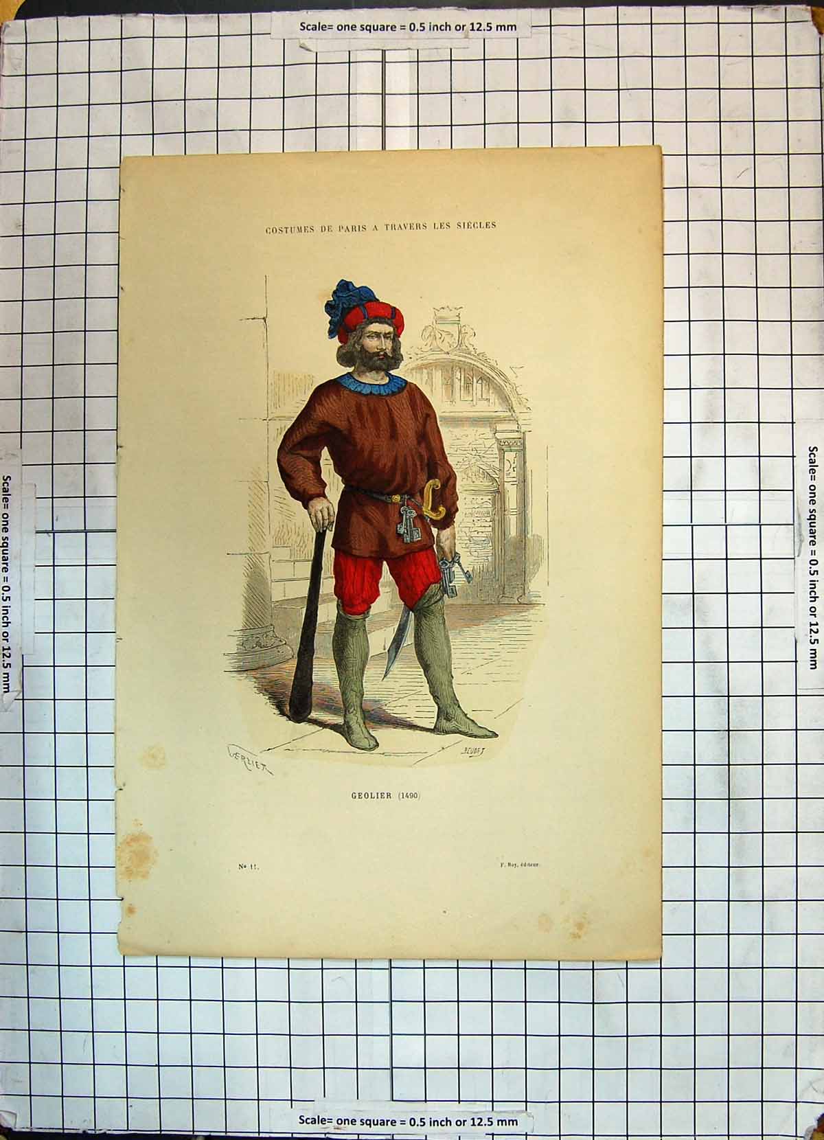 Original Old Antique Print Colour Costumes Paris Geolier 1490 Travers Siecles