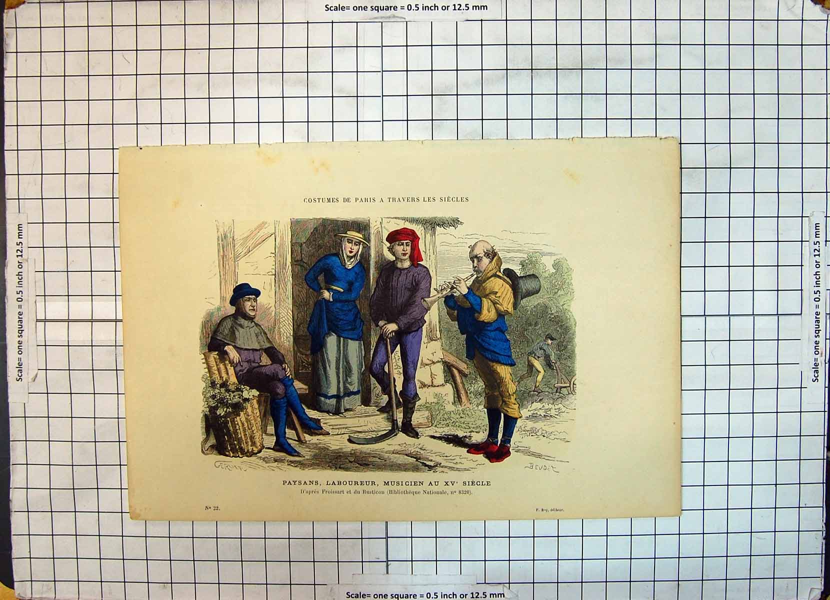 Old Print Colour Paysans Laboureur Musicien Siegle Musician Workers Paris