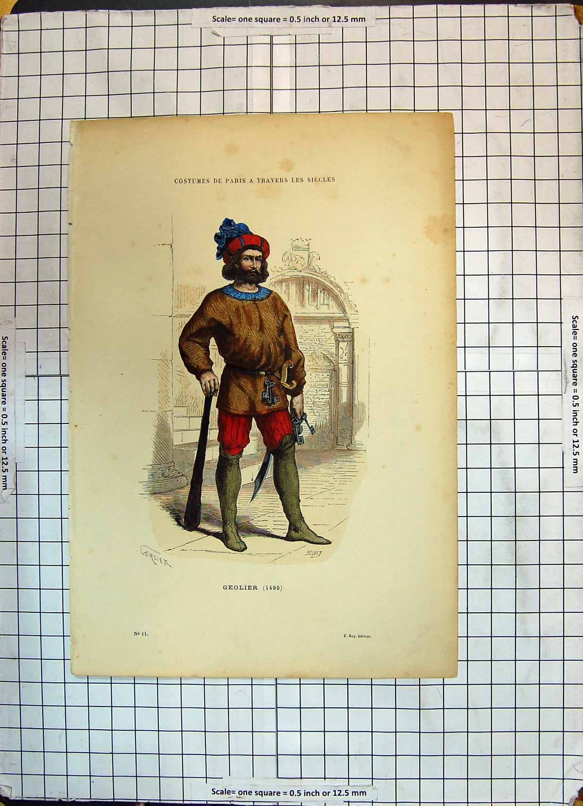 Antique Old Print Colour Portrait Geolier Man Costumes Paris Travers Siecles